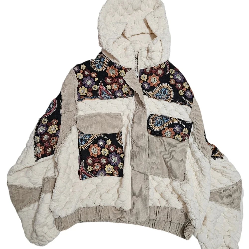 POL Boho Bold Quilted Hooded Jacket Patchwork Corduroy NEW